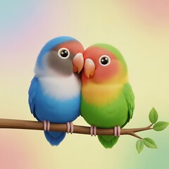 Adorable 3D Cartoon Lovebirds Couple Cuddling Affectionately on a Branch: Vibrant, Cute Avian Illustration of True Love and Partnership, Perfect for Romance and Valentine's Day.