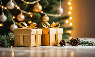 Elegant Christmas Gift Boxes with Pine Cones, Golden Ribbons, and Warm Festive Lights
