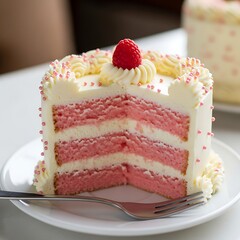 Decadent Strawberry Layer Cake Slice: Pink Sponge and Vanilla Buttercream Layers, Garnished with a Bright Red Raspberry and Sweet Sugar Pearls on a White Plate.