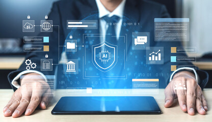 A professional male figure engages with a tablet featuring an advanced digital interface that highlights AI technology, data analytics, and cybersecurity in a modern workspace. Gantry