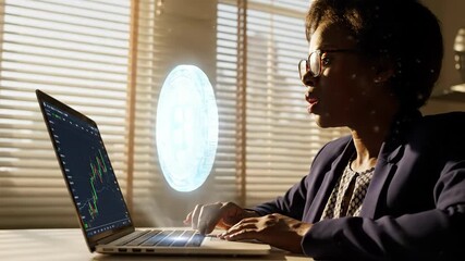 Analyzing cryptocurrency market on laptop screen. Woman studies trading chart and market data. Investor monitors bitcoin and stock trend. Finance analysis happens at desk. Device glow highlights