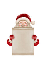 santa claus holding a gift box Shop sign, product, watercolor, vintage, Christmas, hand-painted on a transparent background.