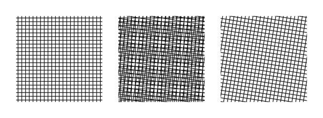 Moir&eacute; pattern created by superimposing two grids. Grid with vertical and horizontal lines on the left, rotated 9 degrees on the right, both grids put together in the center, creating a Moir&eacute; pattern.