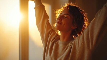 A person in a cozy gray sweater raises their arms, smiling with eyes closed in warm sunset light. Concept Cozy gray sweater portrait, Golden hour sunset lighting, Arms raised pose, Eyes-closed joy