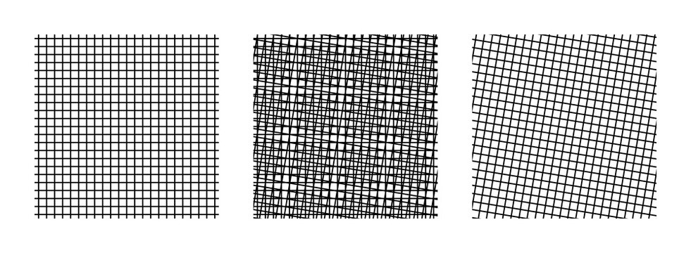 Moir&eacute; pattern created by superimposing two grids. Grid with vertical and horizontal lines on the left, rotated 9 degrees on the right, both grids put together in the center, creating a Moir&eacute; pattern.