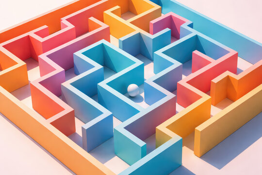 Maze puzzle navigation strategy ball pastel 3D maze with a white sphere suggesting playful challenge focused determination and directional movement