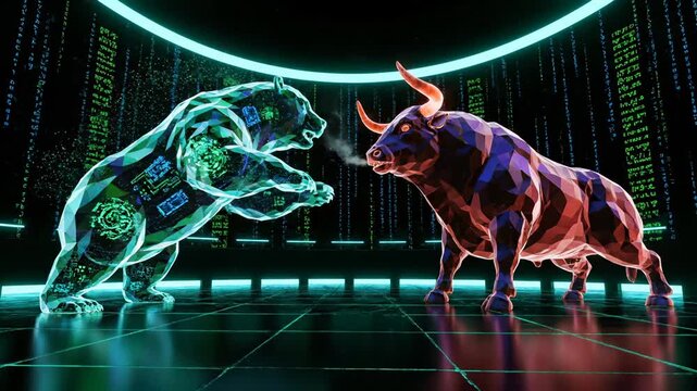 Digital bear confronts bull in trading arena with data. Market symbols bear and bull face off. Trading floor shows bear versus bull. Digital market with bear and bull symbols. Stock trading visualizat