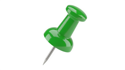 Bright green push pin with glossy plastic finish and metal needle tip, isolated on white or transparent background. PNG
