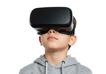 Young boy wearing a virtual reality headset isolated on transparent background