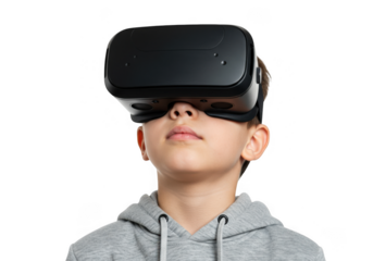 Young boy wearing a virtual reality headset isolated on transparent background