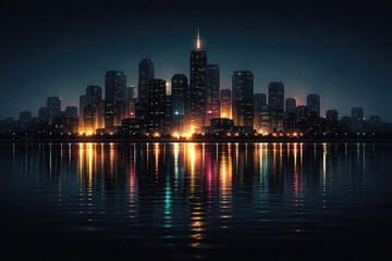 Fototapeta premium Night city skyline reflection water atmosphere luminous metropolitan skyline at night reflected on calm water evoking wonder and quiet energy