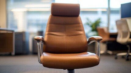 Modern brown leather office chair in bright workspace
