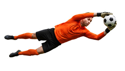 Soccer goalkeeper in orange jersey diving to catch the ball in mid air isolated on transparent background