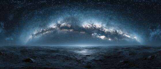 Cosmic panorama of a vast starry sky above a dark textured landscape