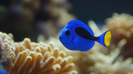 Blue fish swimming near coral reef in aquarium