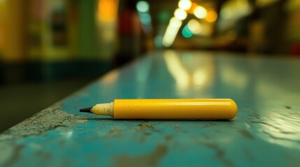 Yellow marker pen on teal surface closeup studio shot