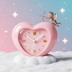 Sparkling Cupid Figurine on a Pastel Pink Heart-Shaped Clock: Romantic Valentine's Day Time Concept | 3D Render of Love, Cherubs, and Golden Roman Numerals on Dreamy Clouds
