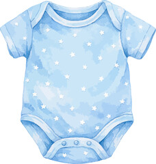 Light blue baby onesie with white stars isolated on white, cute newborn infant bodysuit