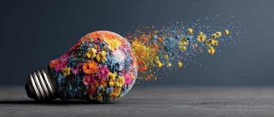 Colorful light bulb with floral design and particles on dark background concept