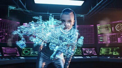 Woman leans over monitor bank. She studies dashboard and console screens. Cybersecurity operator in cyberpunk controlroom inspects computer data. Hacker shows focus. Technology environment tense. - Powered by Adobe