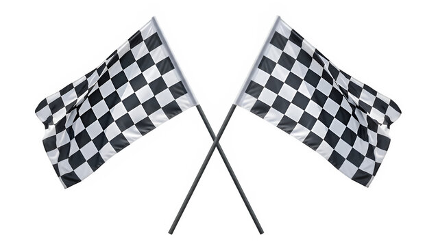Crossed checkered racing flags for motorsport finish line, speed and competition, isolated on white or transparent background. PNG