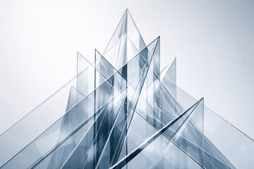 Transparency reflection prism glass symmetry light create a crystalline architectural composition overlapping triangular panes with cool blue-gray tones and subtle luminosity