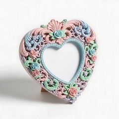 Whimsical Pastel Heart Photo Frame Mockup: Intricate Floral Ornamentation and Rococo Scrollwork in Delicate Pink, Blue, and Green, Isolated on Bright White for Romantic Design Projects