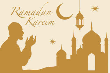 Ramadan Kareem illustration with Muslim man praying and mosque silhouette, symbolizing faith, spirituality, peace, and the holy month of Ramadan