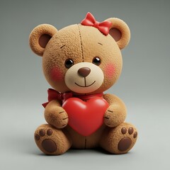 Cute Fluffy Teddy Bear Holding a Big Shiny Red Heart. 3D Render for Love, Romance, Affection, Valentine's Day Greeting Cards, or Anniversary Celebrations.