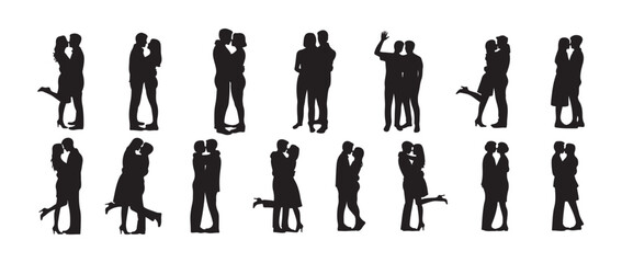 Couple kissing moment black vector set. relationship clipart, intimate gesture,  love pose collection for wedding icon, vector illustration eps 10