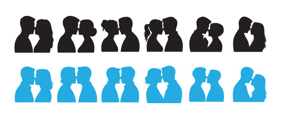 Couple kissing moment black vector set. relationship clipart, intimate gesture,  love pose collection for wedding icon, vector illustration eps 10