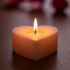 Warm Glow of a Lit Heart-Shaped Candle Burning Brightly on a Dark Wooden Table, Creating a Relaxing and Romantic Ambiance for Valentine's Day, Love, and Special Moments.