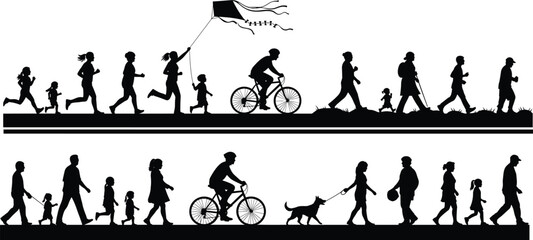 Obraz premium Black silhouettes of people running cycling and walking with children and pets in park, active family lifestyle and outdoor recreation vector illustration