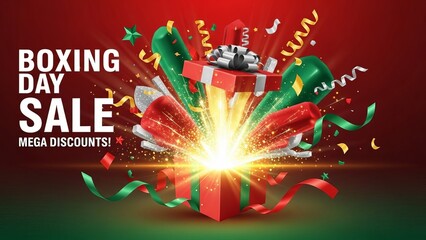 Boxing Day Sale Banner with Exploding Gift and Discounts