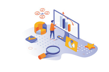 Big data analysis 3d isometric concept with isometry people design for web. Analyst working with business statistics, doing market research with graphs, monitoring statistics. Vector illustration.