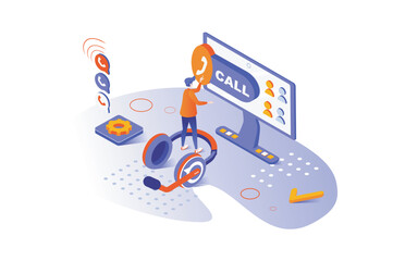 Call center 3d isometric concept with isometry people design for web. Hotline operators in office. Operator answering calling and client messages, assistance and technical help. Vector illustration.