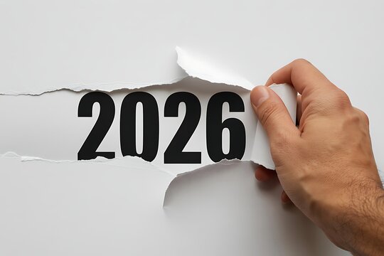 A hand revealing the year 2026 by peeling back a torn piece of white paper
