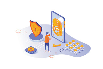 Cyber security 3d isometric concept with isometric people design for web. User protecting personal data and using fingerprint scan and safe biometric identification for access. Vector illustration.
