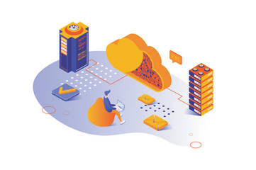 Data center 3d isometric concept with isometry people design for web. Man using database and cloud storage, processing datum and making backup. Technician maintenancing server. Vector illustration.