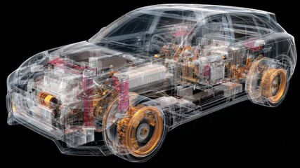 Transparent car model showing internal mechanics and hybrid engine technology, Transparent car model displaying internal mechanics and hybrid engine technology for educational purposes - Powered by Adobe