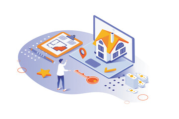Mortgage 3d isometric concept with isometry people design for web. Man choosing new home with blueprint, getting bank lending for real estate buying, using credit loan on house. Vector illustration.