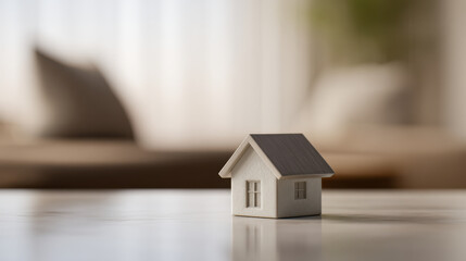 Miniature home prototype model on table with blurred background creating calm and cozy atmosphere