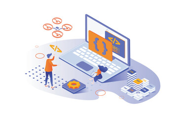 Programming company 3d isometric concept with isometry people design for web. Coders team developing new it project, creating software at laptop, coding and testing application. Vector illustration.