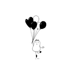 Smiling Cartoon Character Holding Black Balloons on White Background