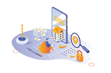 Real estate 3d isometric concept with isometry people design for web. Man searching new home in mobile app, choosing building skyscrapers and residential houses for rental. Vector illustration.
