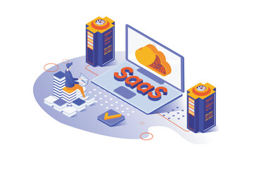 SaaS 3d isometric concept with isometry people design for web. Users subscribe to software as a service, using cloud computing and storage service, purchasing digital licenses. Vector illustration.