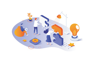 Teamwork 3d isometric concept with isometry people design for web. Businessman and businesswoman working together at meeting, creating union partnership with synergy and support. Vector illustration.
