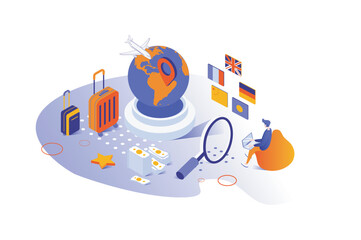 Travel vacation 3d isometric concept with isometry people design for web. Man planning world tour with flights, creating global journey with airplane navigation and reservation. Vector illustration.