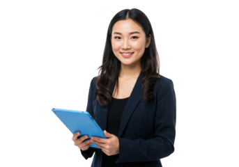 Smiling asian businesswoman holding a blue tablet isolated on transparent background