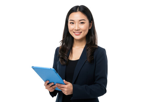 Smiling asian businesswoman holding a blue tablet isolated on transparent background - Powered by Adobe